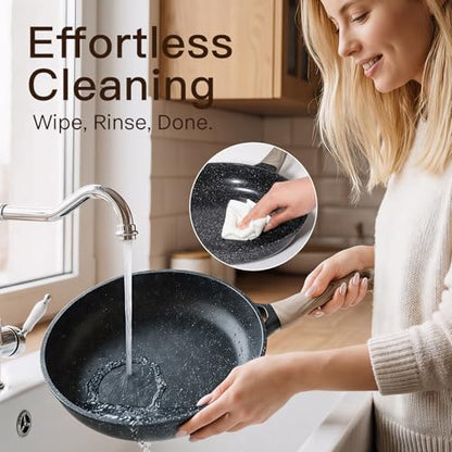 USELUCK Pots and Pans Set Nonstick 22 Pcs, Ceramic cookware set Non-Toxic Coating Inky Granite Kitchen Cookware Set, Induction Kitchen Cooking Set w/Frying Pans & Glass Lids, PFOS & PFOA Free