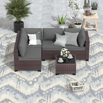 ALAULM 5 Pieces Patio Furniture Set Wicker Patio Conversation Set, Outdoor Sectional Furniture w/Coffee Table & Washable Seat Cushions-Grey