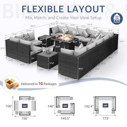 NICESOUL 15 Piece Outdoor Patio Furniture Set with Fire Pit, Extra Large Wide Outdoor Deep Seated Sectional, Cozy 29.3'' High-Back Modular Couch, 500 Lbs High Weight Capacity Wicker Sofa, Light Gray