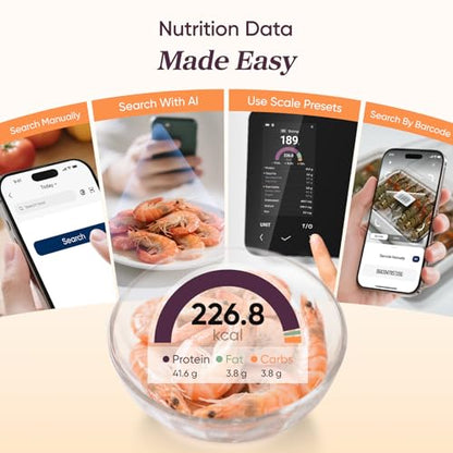 Cosori Smart Food Kitchen Scale with Nutritional Calculator, Free App for AI Scan, Calorie & Macro Tracking, Food Preload, On-Screen Nutrient Info, Personal Goals, Rechargeable, 11 lb / 5 kg