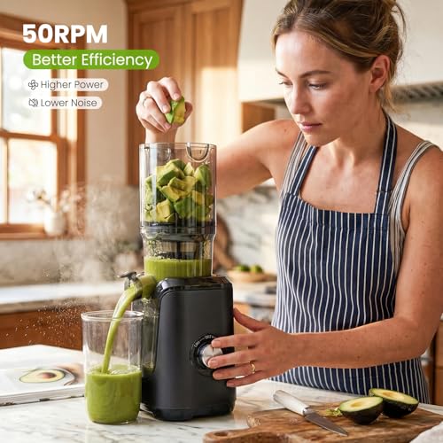 KMFurnila Slow Masticating Juicer, 200W Cold Press Juicer Machine with Safety Lock & Reverse Function, Juice Extractor for Fruits & Vegetables, Easy Clean, Black