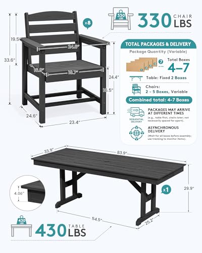 SERWALL 9Pcs 84" HDPE Outdoor Dining Set for 8 with Armchairs,Black