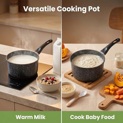 2 Quart Saucepan with Lid, Sauce Pan with Nonstick Swiss Granite Coating, Small Saucepot with Detachable Handle Multipurpose Induction Compatible