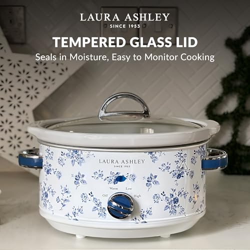 Laura Ashley Slow Cooker 3.7 Quart - Large Slow Cooker 3.7 QT for 4 to 5 People - Energy Efficient Slow Cookers with 3 Heat Settings - Dishwasher Safe Removeable Ceramic Crock & Tempered Glass Lid