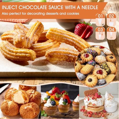 MTOGALT 21-Piece Cookie Press Set & Churro Maker Machine – Stainless Steel Baking Gun for Spritz Cookies, Hollow Churros, and Pastry – Includes 6 Nozzles, 9 Discs, Piping Bag, and 2 Brushes