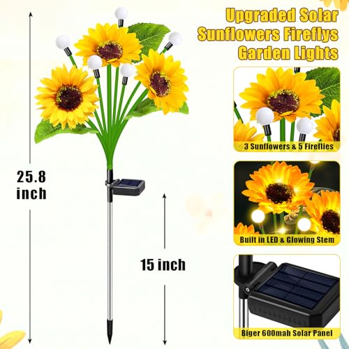 Solar Lights Outdoor Garden Decor,4 Pack Sunflower with Firefly Lights,Solar Flowers Lights Waterproof,Birthday Gifts for Mom Women Grandma,Outside Decorative Garden Stakes for Yard Patio Porch Lawn