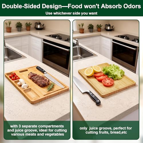 Bamboo Cutting Board with 3 Compartments: 17" Large Double-Sided Chopping Board with Juice Groove, Mess-Free Meal Prep for Meat, Vegetables & Fruits