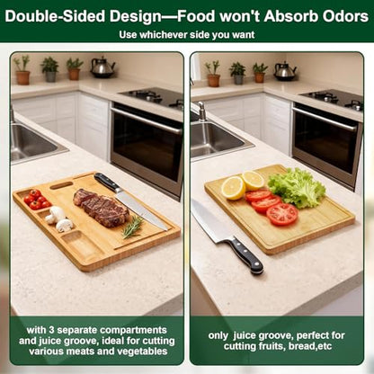 Bamboo Cutting Board with 3 Compartments: 17" Large Double-Sided Chopping Board with Juice Groove, Mess-Free Meal Prep for Meat, Vegetables & Fruits