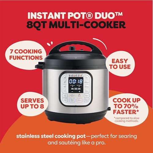 Instant Pot Duo 7-in-1 Electric Pressure Cooker, Slow Cooker, Rice Cooker, Steamer, Sauté, Yogurt Maker, Warmer & Sterilizer, Includes App with Over 800 Recipes, Stainless Steel, 8 Quart