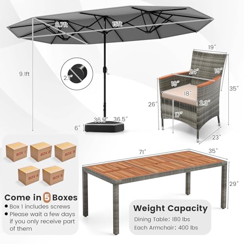 Tangkula 10 Pieces Patio Wicker Dining Set w/Double-Sided Patio Umbrella, Outdoor Acacia Wood Furniture Set w/ 8 Armchairs, 71” Dining Table & 15 ft Umbrella with Weighted Base (Gray)
