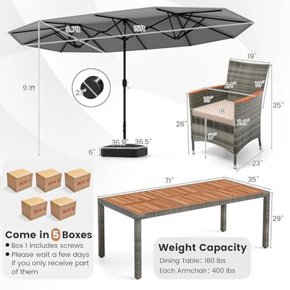 Tangkula 10 Pieces Patio Wicker Dining Set w/Double-Sided Patio Umbrella, Outdoor Acacia Wood Furniture Set w/ 8 Armchairs, 71” Dining Table & 15 ft Umbrella with Weighted Base (Gray)