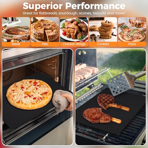 Large Cast Iron Pizza Stone Set for Oven & Grill - 16x13.4x1/4 Inch Steel Pizza Baking Stone, 4 PCS Pizza Making Accessories Kit for Barbecue, Sourdough Bread & Large Pizzas
