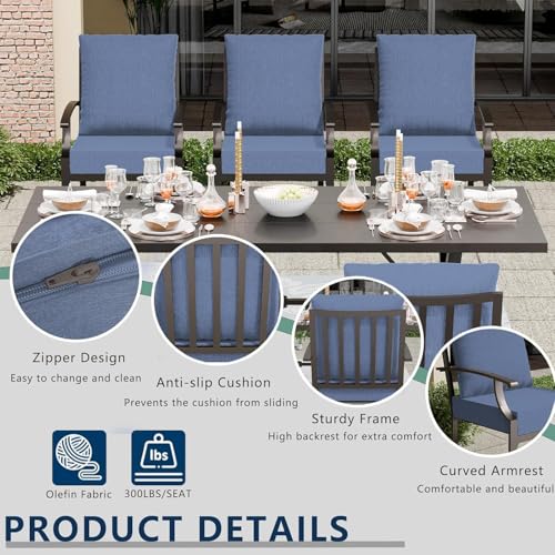 ASJMR 7 Piece Outdoor Dining Set for 6, Metal Patio Table and Chairs with Cushions, Patio Furniture Set with 2 Swivel Chairs, Rectangular Patio Dining Table with Umbrella Hole, Lawn Deck, Yard, Navy