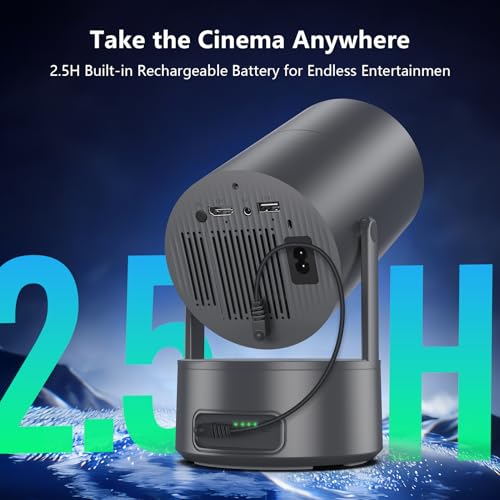 Portable Projector with Built-in Battery for Outdoor & Travel, Mini Projector with WiFi and Bluetooth, 1080P Supported, Electric Focus, Auto Keystone, 210° Rotatable Stand Home Theater( Iron Gray)
