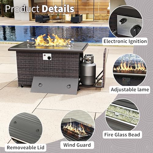 Gotland 15 Pieces Patio Furniture Set with Fire Pit Table, All Weather Rattan Outdoor Furniture with 29.5'' High Backrest 4’’ Thick Cushions Coffee Table, Patio Set for Porch, Deck, Backyard, Gray