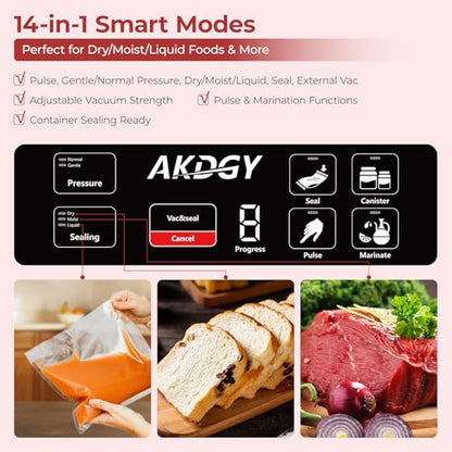95Kpa Vacuum Sealer Machine，Upgraded Commercial Food Vacuum Sealer, 14-in-1 Functions & Double Heat Seal, Stainless Steel, Large Icons,130W Dual Pumps(25L/Min Suction), Widened Easy-Lock Handle