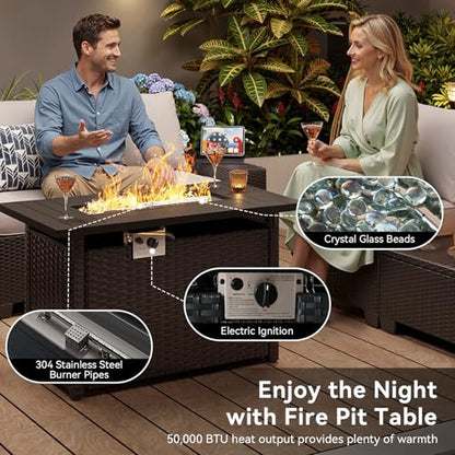 Aoxun Outdoor Patio Furniture Set with 44'' Fire Pit Table, 7 Pcs Outdoor Sectional with 4in Thicken Cushion, Widen Armrests Wicker for Backyard, Grey
