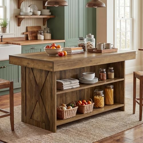 Tribesigns 55-Inch Kitchen Island with Storage Shelves, Farmhouse Island Table with Seating, Counter Height Bar Table for Kitchen, Dining Room, Easy to Assemble, Rustic Brown