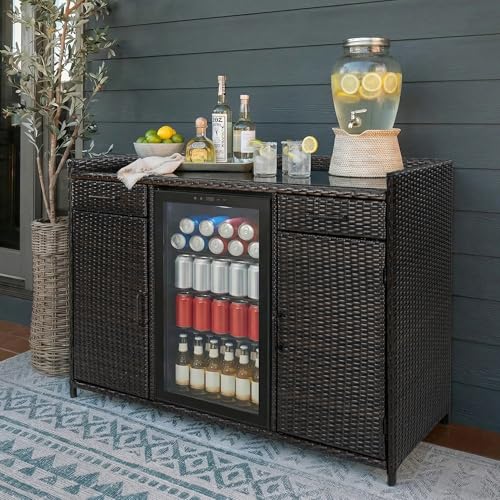 LUMISOL Outdoor Wicker Storage Cabinet with Fridge Space, Patio Bar Table with Adjustable Shelves & Drawers, Outdoor Mini Fridge Bar Cabinet for Pool Garden Kitchen, Black+Brown