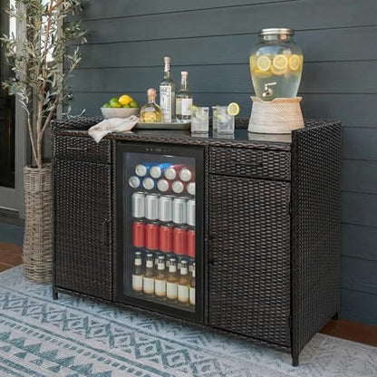 LUMISOL Outdoor Wicker Storage Cabinet with Fridge Space, Patio Bar Table with Adjustable Shelves & Drawers, Outdoor Mini Fridge Bar Cabinet for Pool Garden Kitchen, Black+Brown