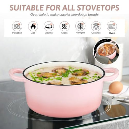 TeamFar Enameled Cast Iron Dutch Oven - 3QT Small Dutch Oven Pot with Lid - Heavy Duty Cast Iron Pot Cookware for Bread Baking, Braising, Stewing, Roasting, Pink