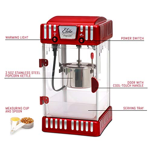 Elite Gourmet EPM-250X Maxi-Matic 2.5 Ounce Classic Carnival, Tabletop Kettle Popcorn Popper Machine, Retro-Style, Movie Hot Buttered Popcorn, Red