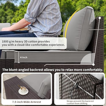 Gotland 6 Pieces Patio Furniture Set with 1 Coffee Table, 5 Seater Rattan Outdoor Sectional with Wide Armrests 29.5'' High Backrest Thick Waterproof Cushions, Conversation Sets for Deck Garden Gray