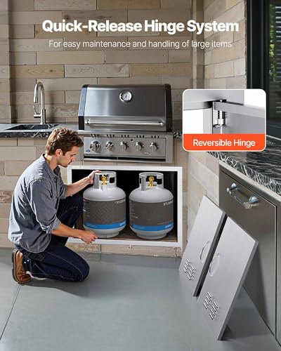 VEVOR Outdoor Kitchen Doors, 30W x 21H Inch, 304 Stainless Steel Double Doors with Vents, BBQ Access Door with 2 Detachable Handles and 6 Hooks, for BBQ Island