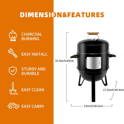 Joyagrill 17 Inch Porcelain-Enameled Charcoal BBQ Grill Smoker – Adjustable Temperature Vertical Smoker Gril for Outdoor Cooking, Smoking, Grilling – Portable Backyard Heavy Duty Barbecue Cooke, Black