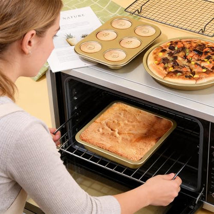 BRMUEIX 5-Piece Gold Nonstick Baking Pans Set, Carbon Steel Bakeware Includes Round Cake Pan, 6-Cup Muffin Pan, Square Pan, Pizza Pan, Loaf Pan, Complete Baking Tools for Home Baking & Gift