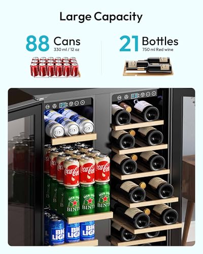 EUHOMY Wine and Beverage Refrigerator, 24 Inch Dual Zone Wine Cooler with Glass Door Hold 21 Bottles and 88 Cans, Built in or Under Counter Wine Fridge with Blue LED Light