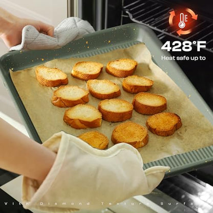12-Piece Nonstick Baking Set, Non-Toxic Bakeware Sets with Baking Sheet, Cake Pan, Square Pan, Loaf Pan, Roasting Pan, Muffin Pan, Cookie Sheet, Cooling Rack & Kitchen Utensilss - Ceramic Coated Green