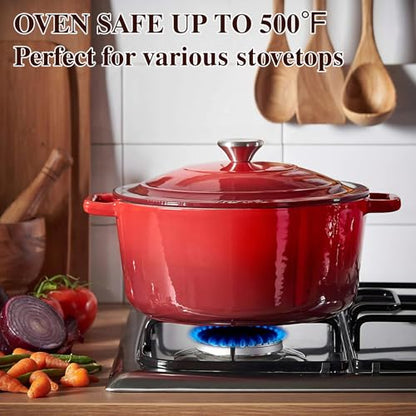 Enameled Cast Iron Dutch Oven - Umite Chef 5QT Pot with Lid & Cotton Potholders - Heavy-Duty Cookware for Bread Baking, Braising, Stews, Roasting(Red)