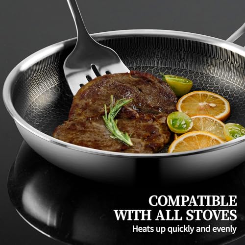 Stainless Steel Frying Pan with Lid, 8 Inch Honeycomb Non Stick Frying Pan, Small Stainless Steel Nonstick Pans W/Lid, Safe Nonstick Skillet Egg Omelete Pans, Oven Safe, Induction Compatible,PFOA Free