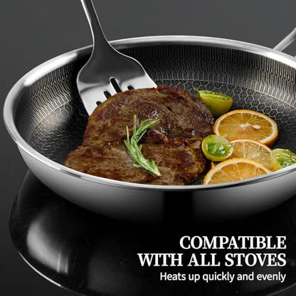 Stainless Steel Frying Pan with Lid, 8 Inch Honeycomb Non Stick Frying Pan, Small Stainless Steel Nonstick Pans W/Lid, Safe Nonstick Skillet Egg Omelete Pans, Oven Safe, Induction Compatible,PFOA Free