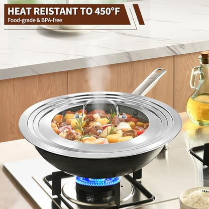 15 Inch Extra Large Universal Lid for Pots, Pans and Skillets, Pan Lid Fits 9.5/10/11/12/13/14/15 Inch Cookware, Stainless Steel & Tempered Glass Replacement Frying Pan Lid, Dishwasher Safe