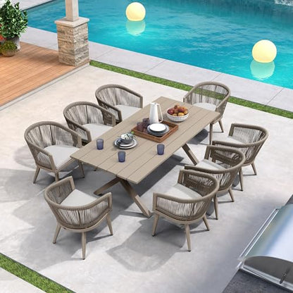 PURPLE LEAF Outdoor Dining Set for 8 All-Weather 9 Pieces Patio Aluminium Dining Table and Rope Weave Chairs Included Cushions for Backyard Deck Decor Kitchen Modern Patio Furniture Set Champagne