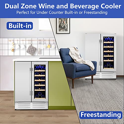 Velieta Wine and Beverage Refrigerator,24 Inch Dual Zone Wine Beverage Cooler, Built-in/Freestanding Beer and Wine Fridge with a Powerful Compressor, 20 Bottles and 88 Cans Capacity