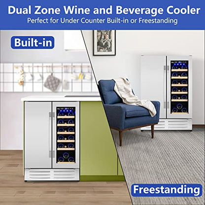 Velieta Wine and Beverage Refrigerator,24 Inch Dual Zone Wine Beverage Cooler, Built-in/Freestanding Beer and Wine Fridge with a Powerful Compressor, 20 Bottles and 88 Cans Capacity