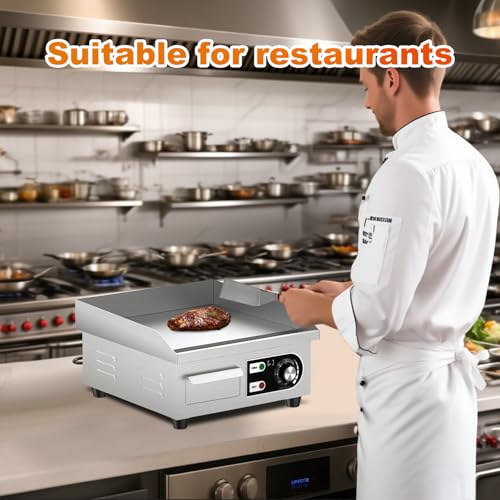 HTTSICHI 14’’ Commercial Electric Griddle - Electric Cast Iron Griddle w/Stainless Steel Material and Non-Stick, 110V Commercial Griddle w/ 1/2" Thick Iron Cooking Plate for Indoor and Restaurant