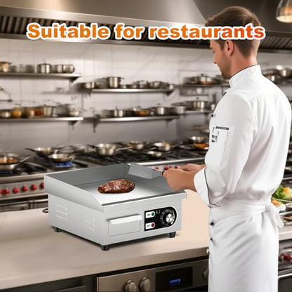 HTTSICHI 14’’ Commercial Electric Griddle - Electric Cast Iron Griddle w/Stainless Steel Material and Non-Stick, 110V Commercial Griddle w/ 1/2" Thick Iron Cooking Plate for Indoor and Restaurant