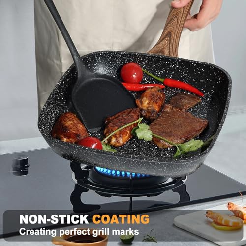OLIXIS Nonstick Frying Pan Skillet Set, 3 Piece Square Grill Pans for Indoor Outdoor RV Camping Cooking, PFOA Free Skillet Set with Stay Cool Handle, Compatible with All Stovetops (9.5" 10" 11") Black