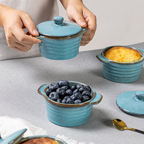 Creme Brulee Ramekins 8 oz with Lids, Oven Safe Bowls for French Onion Soup - Souffle Dish, Mini Covered Casserole Dish, Pot Pie Baking Dishes Set of 4, Reactive Blue