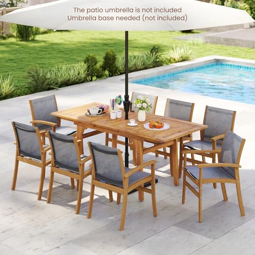 Tangkula 9 Pieces Acacia Wood Patio Dining Set for 6-8, Outdoor Expandable Table and Chairs Set with 1.97" Umbrella Hole and Breathable Fabric for Garden, Lawn, Yard and Poolside