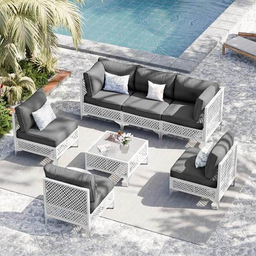 Vikiullf Patio Conversation Set, 7 Piece Outdoor Sectional Sofa Set with Coffee Table, White Wicker with Grey Cushions (White and Grey, 7 piece)
