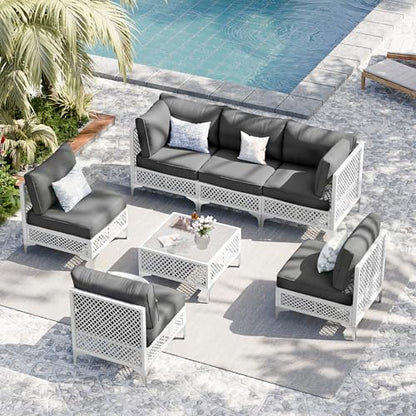 Vikiullf Patio Conversation Set, 7 Piece Outdoor Sectional Sofa Set with Coffee Table, White Wicker with Grey Cushions (White and Grey, 7 piece)