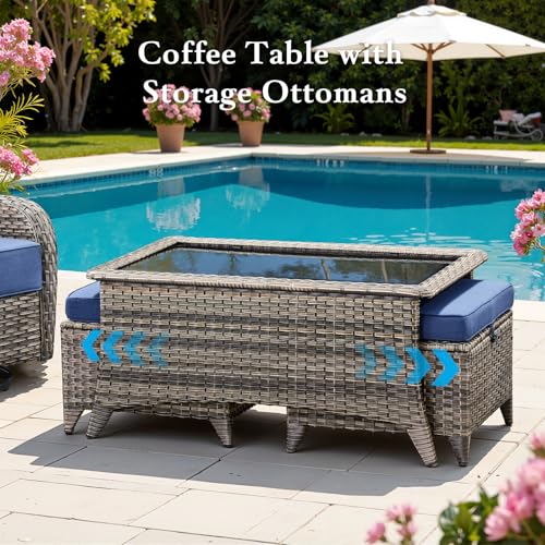 Belord Luxury 6" Thick Cushioned 10 Pieces Patio Furniture Set with Outdoor Couch, Wicker Outdoor Conversation Set with High Back Swivel Rocker Chairs for Deck Porch Yard and Poolside - Grey+Blue