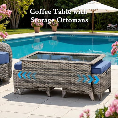 Belord Luxury 6" Thick Cushioned 10 Pieces Patio Furniture Set with Outdoor Couch, Wicker Outdoor Conversation Set with High Back Swivel Rocker Chairs for Deck Porch Yard and Poolside - Grey+Blue