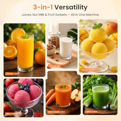 3-in-1 Cold Press Juicer 5.3", Filter-Free, Easy to Clean, Dishwasher Safe