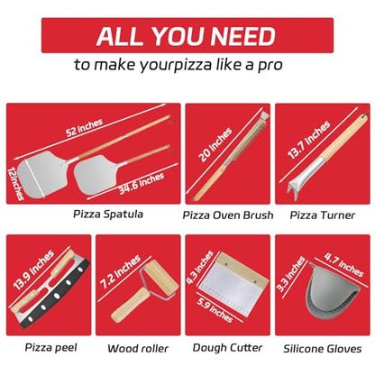 7PCS Pizza Oven Accessories Kit – Premium Pizza Making Tools Set for Home & Outdoor Ovens – Includes Pizza Peel, Oven Brush, Bubble Popper Turner, Rocker Cutter, Dough Roller & Scraper